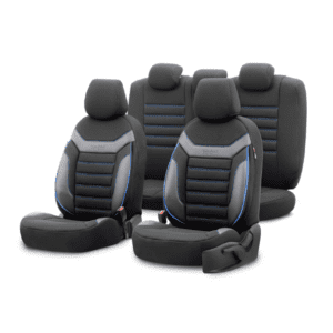 Σετ Καλύμματα Αυτοκινήτου Otom Individual Design Binek Universal Βαμβακερό Ύφασμα και Δερματίνη Εμπρός και Πίσω 11 Τεμαχίων Μαύρο / Γκρί με Μπλέ Ρίγα