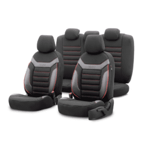 Σετ Καλύμματα Αυτοκινήτου Otom Individual Design Binek Universal Βαμβακερό Ύφασμα και Δερματίνη Εμπρός και Πίσω 11 Τεμαχίων Μαύρο / Γκρί με Κόκκινη Ρίγα