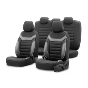 Σετ Καλύμματα Αυτοκινήτου Otom Individual Design Binek Universal Βαμβακερό Ύφασμα και Δερματίνη Εμπρός και Πίσω 11 Τεμαχίων Μαύρο / Γκρί